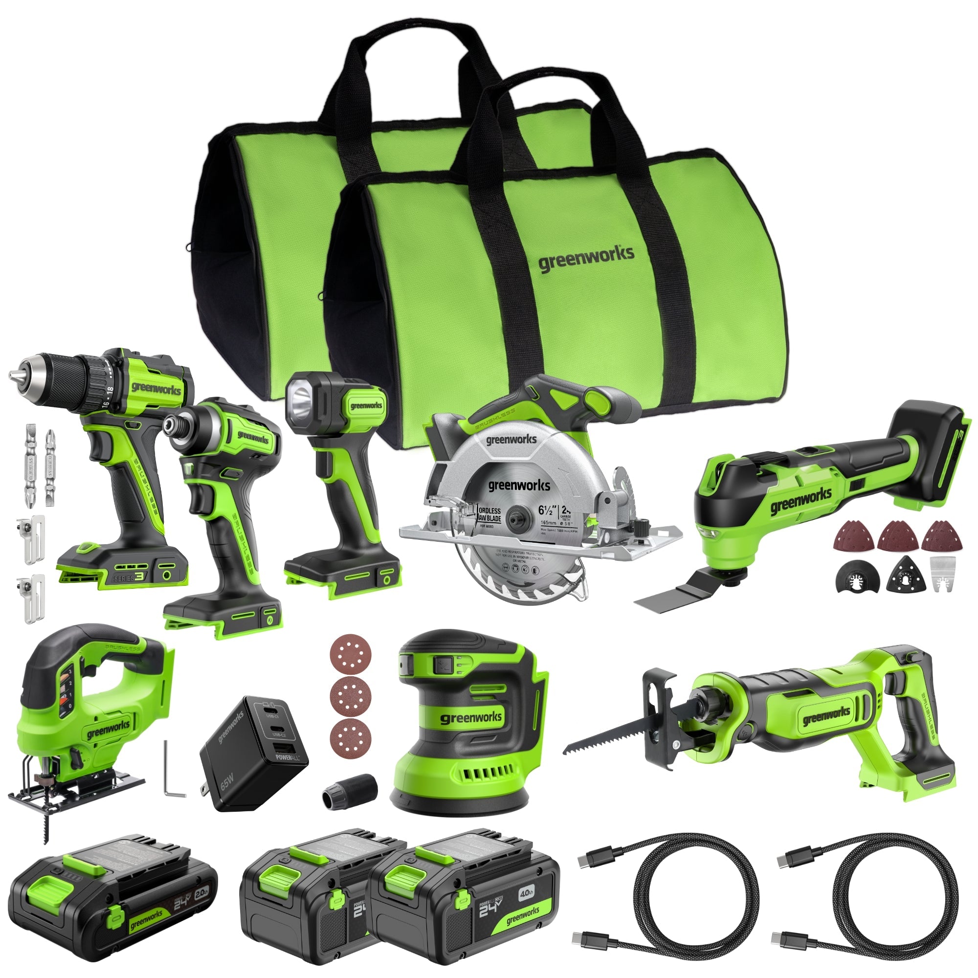 24V Brushless Power Tool 8PC Combo Kit w/ (2) 4.0Ah & (1) 2.0Ah USB-C Batteries and Charger