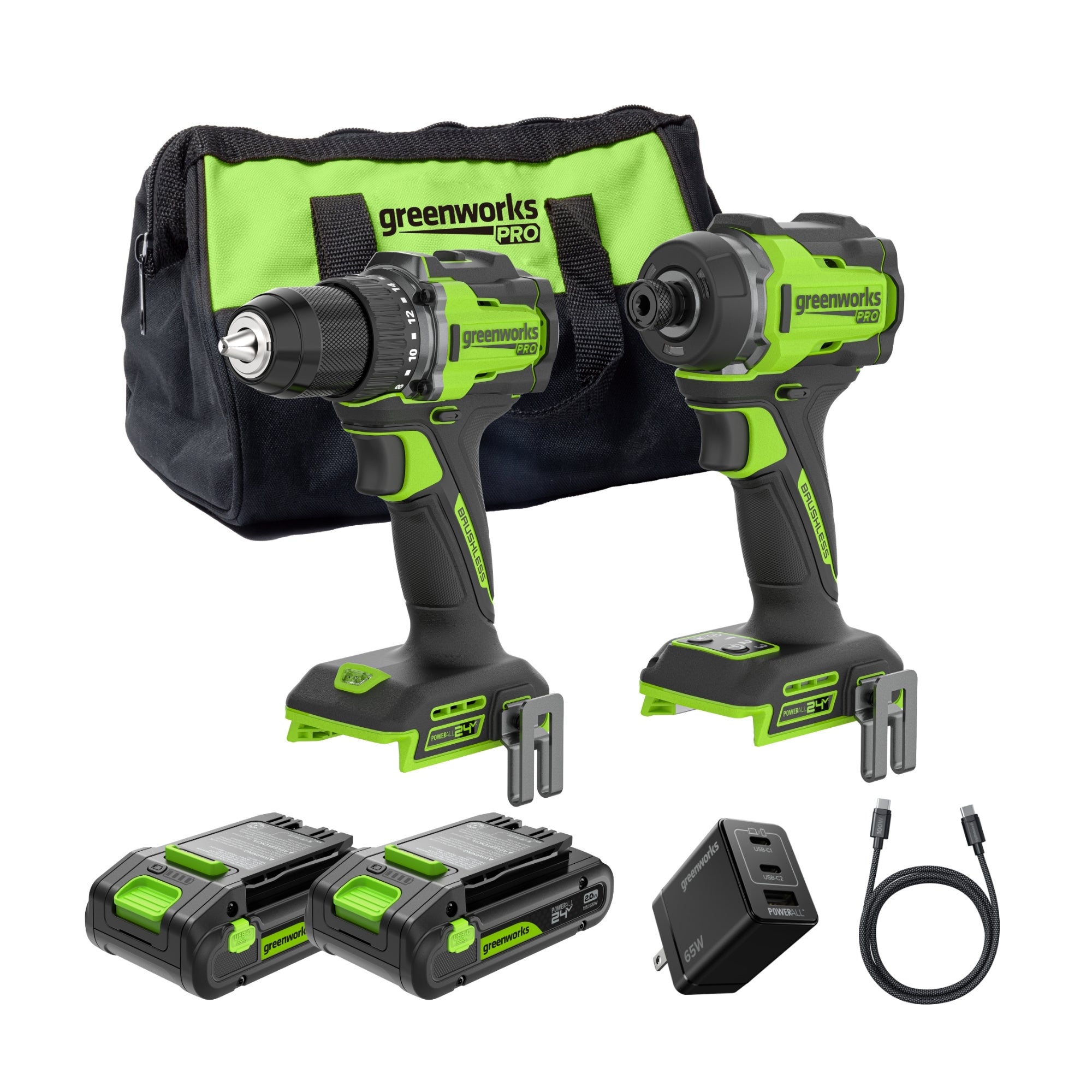 24V Cordless Battery 530 in-lbs Drill / Driver and 2200 in-lbs Impact Driver, Two(2) 2.0 Ah USB-C Batteries and 65W USB-C Charger