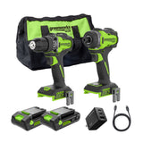 24V Cordless Battery 530 in-lbs Drill / Driver and 2200 in-lbs Impact Driver, Two(2) 2.0 Ah USB-C Batteries and 65W USB-C Charger
