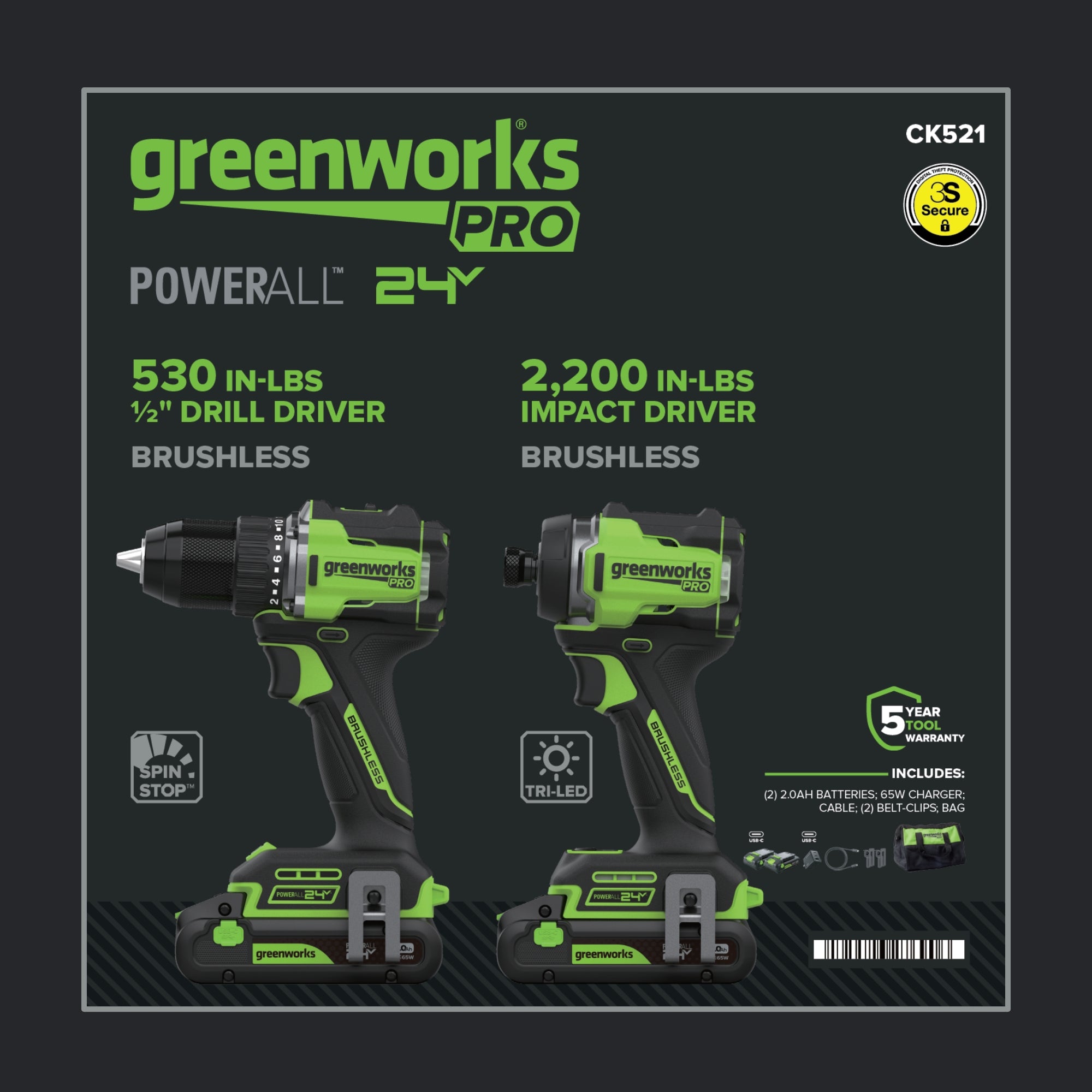 24V Cordless Battery 530 in-lbs Drill / Driver and 2200 in-lbs Impact Driver, Two(2) 2.0 Ah USB-C Batteries and 65W USB-C Charger