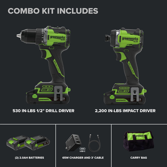 24V Cordless Battery 530 in-lbs Drill / Driver and 2200 in-lbs Impact Driver, Two(2) 2.0 Ah USB-C Batteries and 65W USB-C Charger