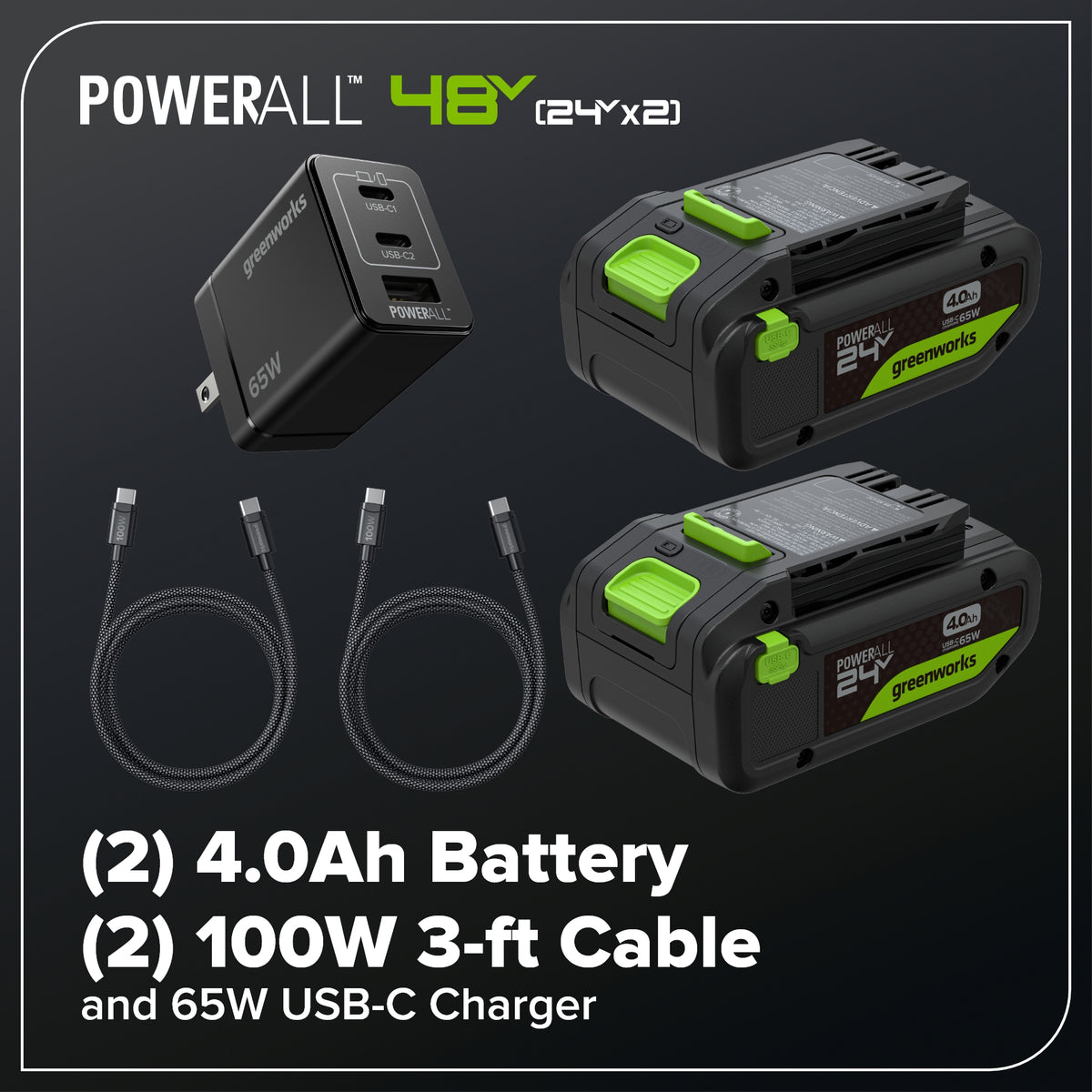 48V (24V x 2) 17" Push Cordless Lawn Mower, 270CFM Leaf Blower & 12" String Trimmer Combo Kit w/ (2) 4.0Ah Batteries, 65W Type-C Charger & (2) 3-FT Cables