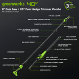 40V 8" Cordless Battery Telescope Pole Saw w/ 20" Hedge Trimmer Attachment Combo Kit (2.5Ah Battery & Charger)