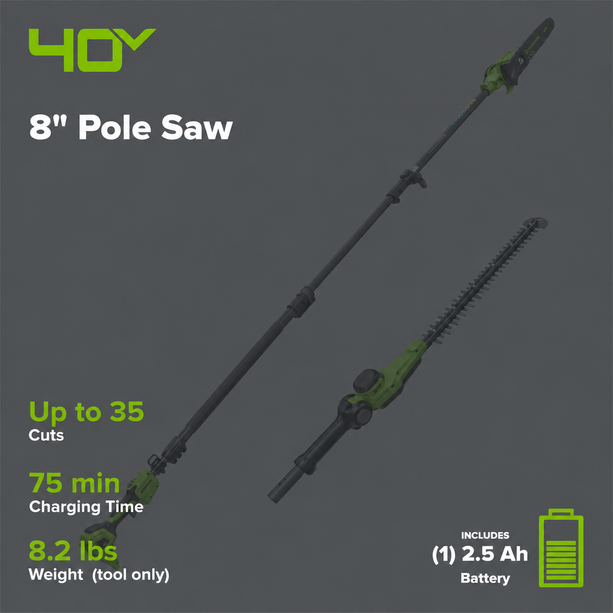 40V 8" Cordless Battery Telescope Pole Saw w/ 20" Hedge Trimmer Attachment Combo Kit (2.5Ah Battery & Charger)