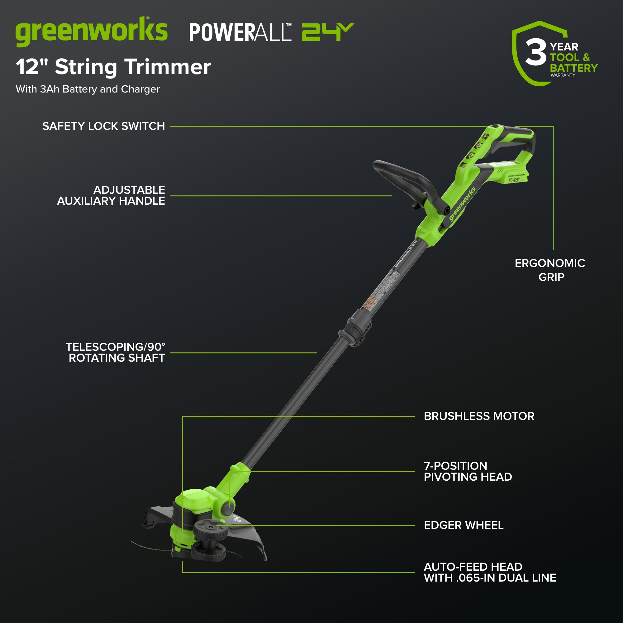 24V 12" Cordless Battery String Trimmer/Edger and 515 CFM Blower Combo Kit w/ 3.0Ah Battery,65W Type-C Charger & (2) 3-Ft Cables