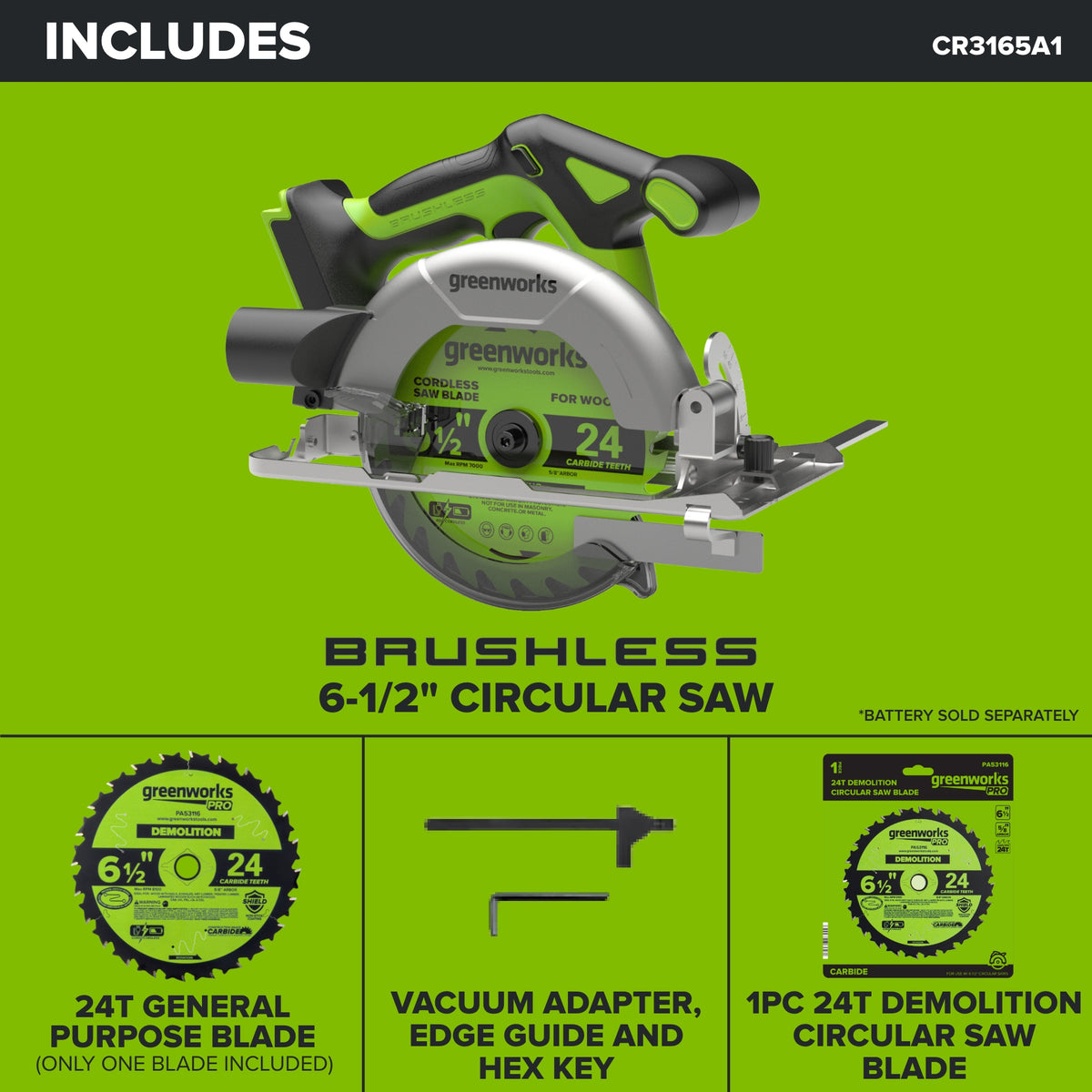 24V PowerAll 6-1/2" 5000RPM Circular Saw w/ 2PC Blades,Tool Only