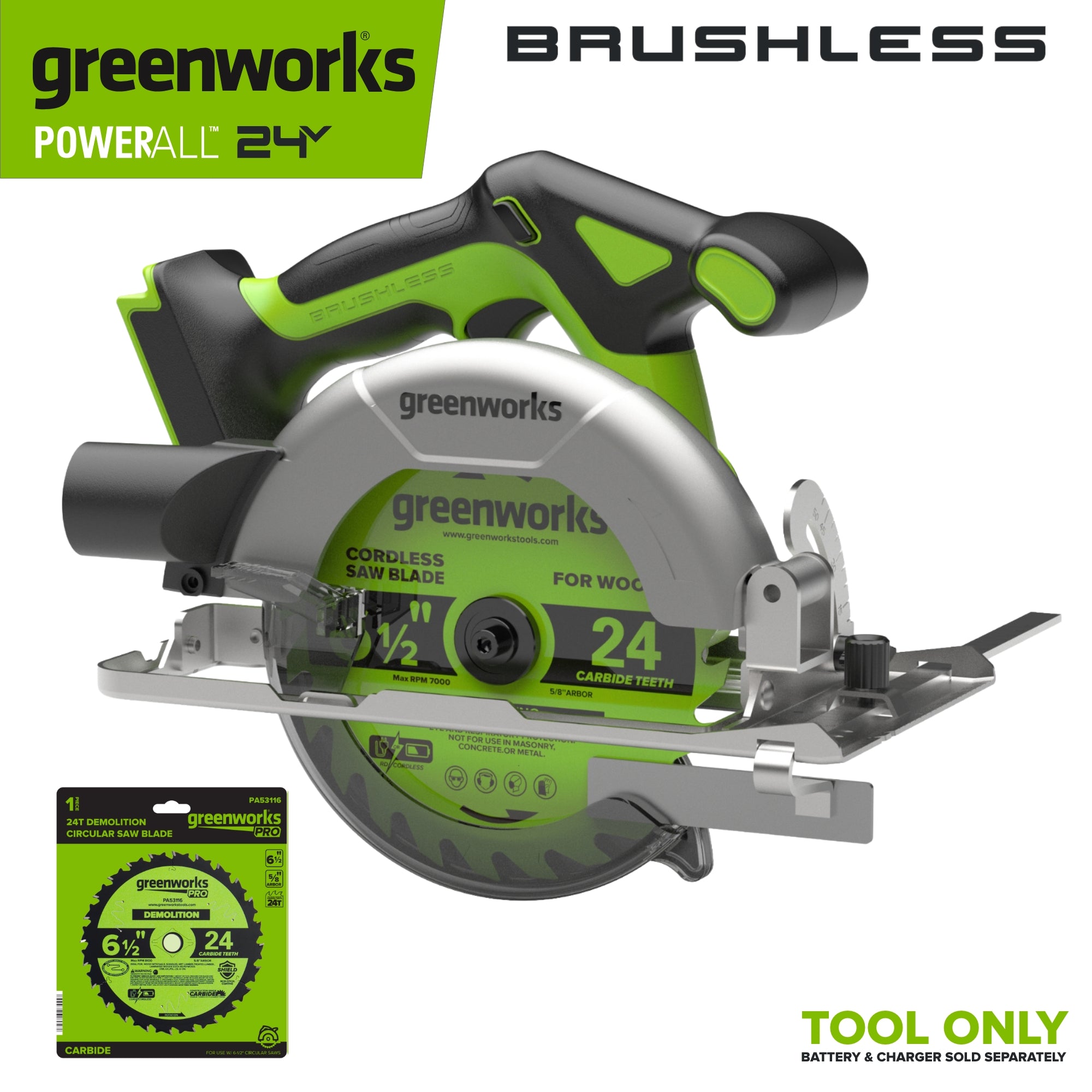 24V PowerAll 6-1/2" 5000RPM Circular Saw w/ 2PC Blades,Tool Only