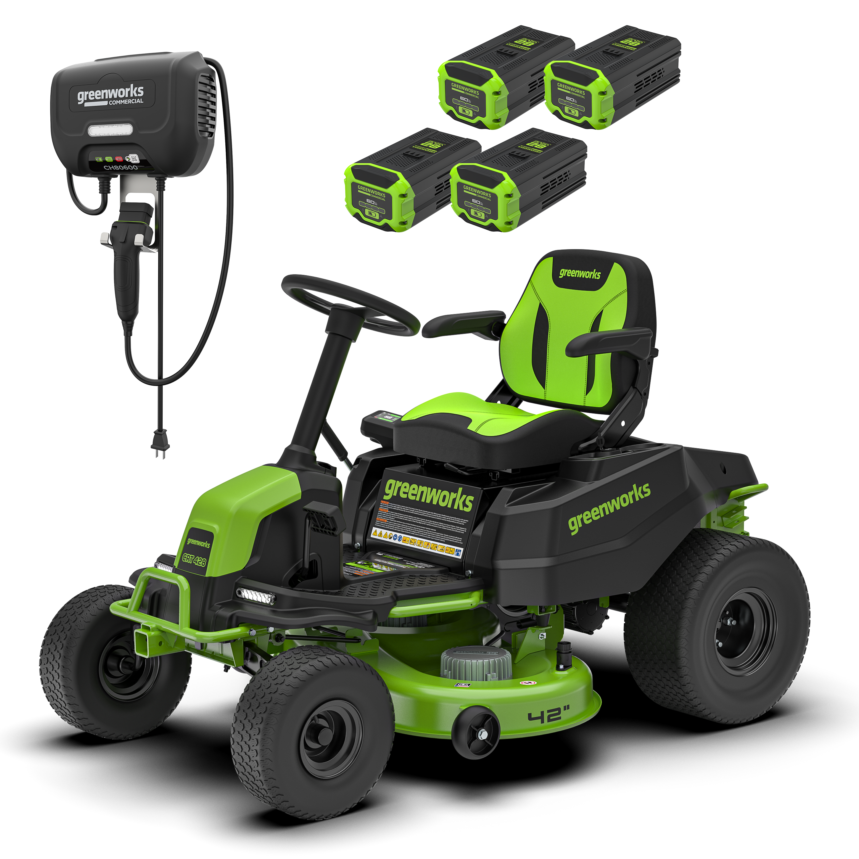 82V 42" CrossoverT Riding Lawn Tractor: (4) 82V 6.0 Ah Batteries and (1) 600W Turbo Wall Charger, CRT4282