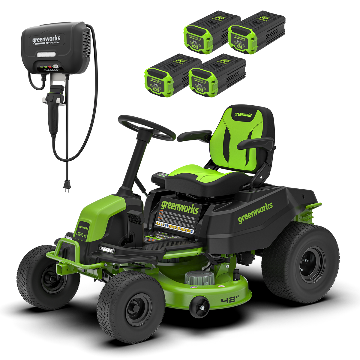 82V 42" CrossoverT Riding Lawn Tractor: (4) 82V 6.0 Ah Batteries and (1) 600W Turbo Wall Charger, CRT4282