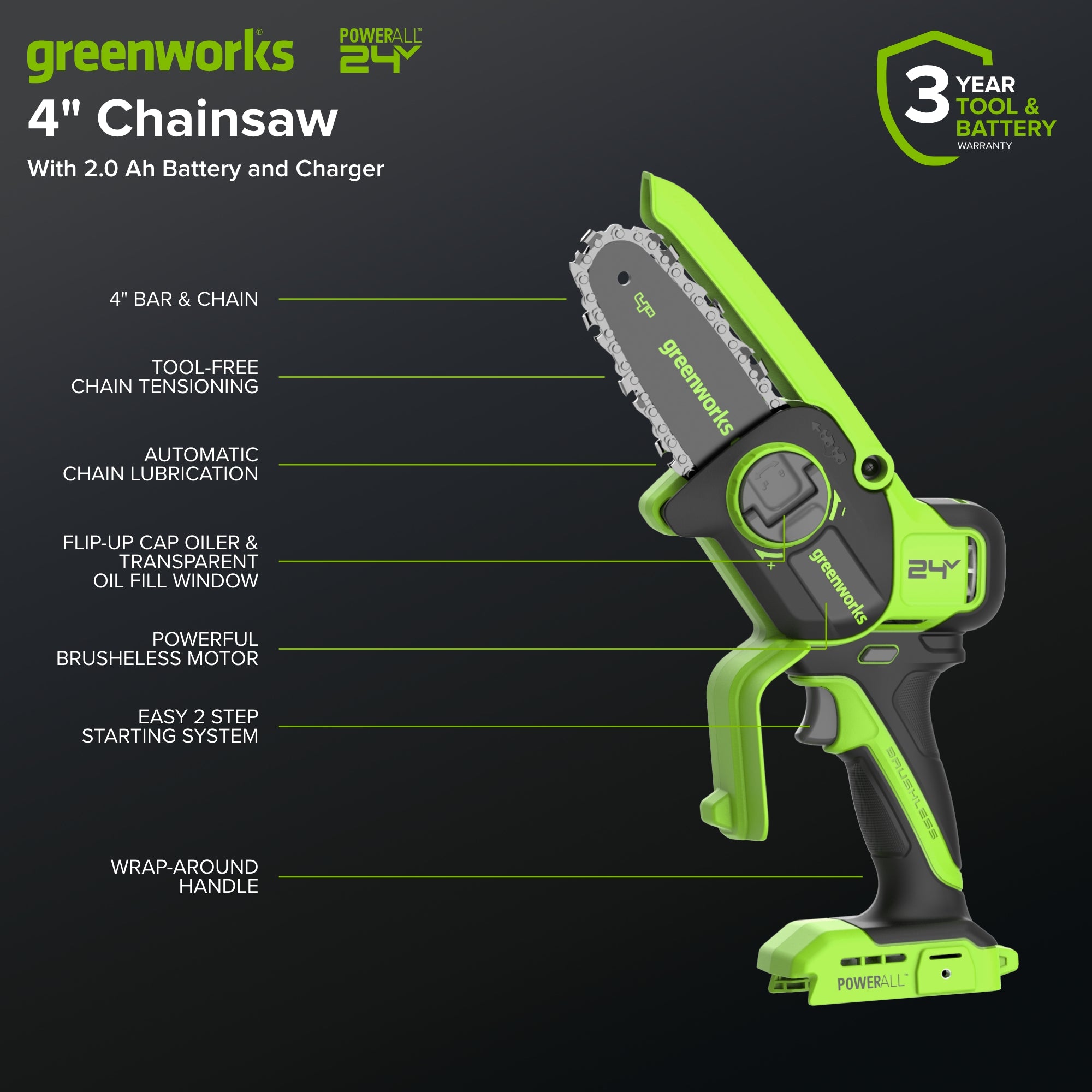 24V 4” Cordless Battery Brushless Pruner Saw w/ 2.0Ah Battery & 30W Type-C Charger (3-Ft Cable)