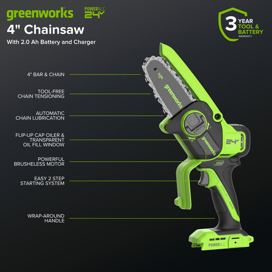 24V 4” Cordless Battery Brushless Pruner Saw w/ 2.0Ah Battery & 30W Type-C Charger (3-Ft Cable)