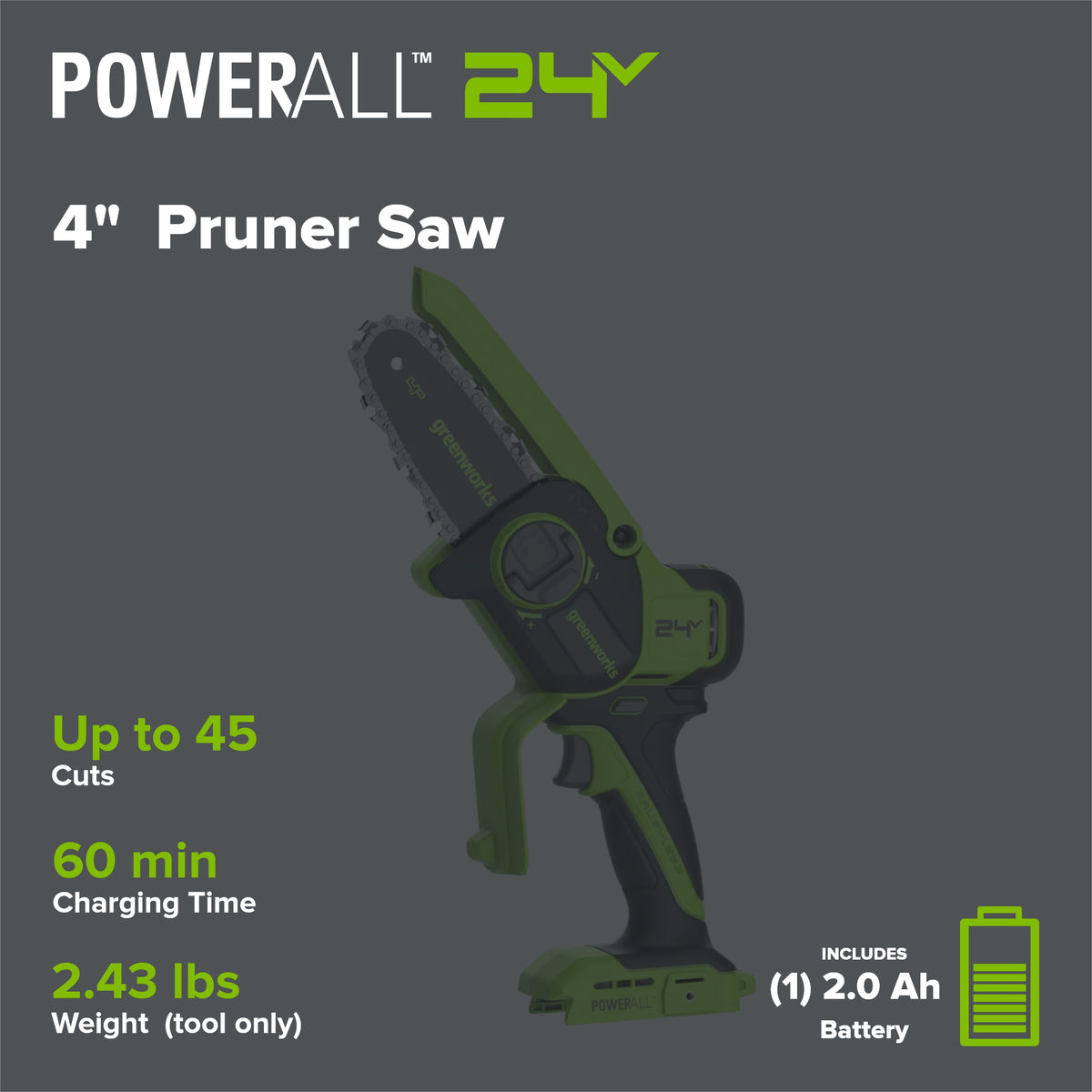 24V 4” Cordless Battery Brushless Pruner Saw w/ 2.0Ah Battery & 30W Type-C Charger (3-Ft Cable)