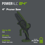 24V 4” Cordless Battery Brushless Pruner Saw w/ 2.0Ah Battery & 30W Type-C Charger (3-Ft Cable)