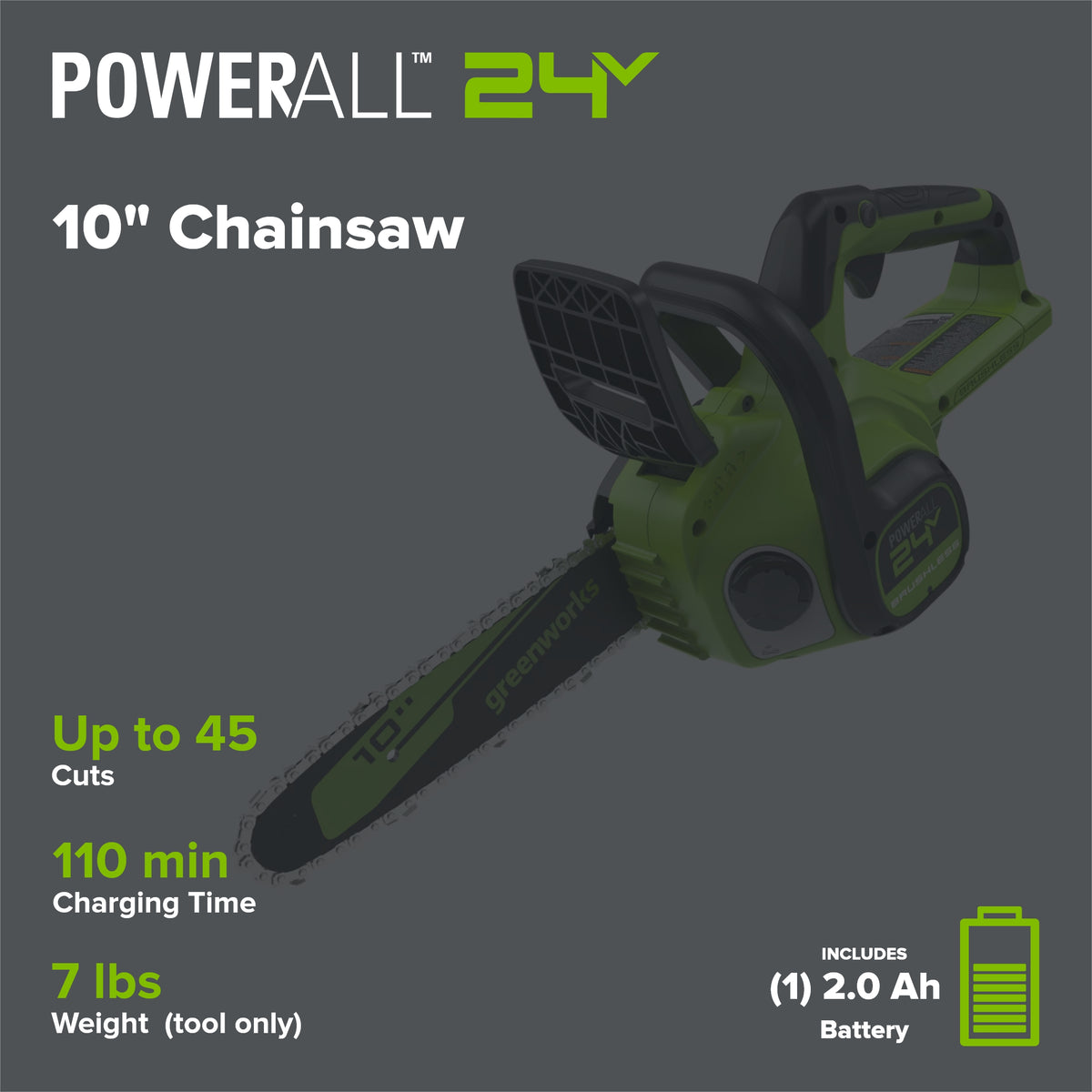 24V 10" Cordless Battery Chainsaw w/ 2.0Ah  Battery & 30W Type-C Charger(3-Ft Cable)