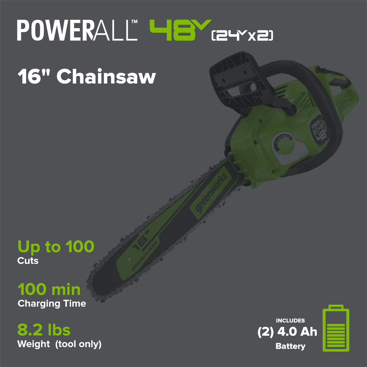 48V (24V x 2) 16" Cordless Battery Chainsaw w/ (2) 4.0Ah Batteries,65W Type-C Charger & (2) 3-Ft Cables)