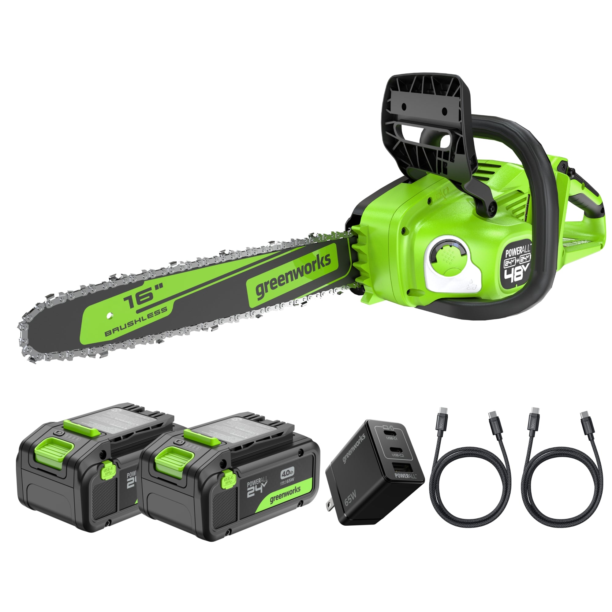 48V (24V x 2) 16" Cordless Battery Chainsaw w/ (2) 4.0Ah Batteries,65W Type-C Charger & (2) 3-Ft Cables)