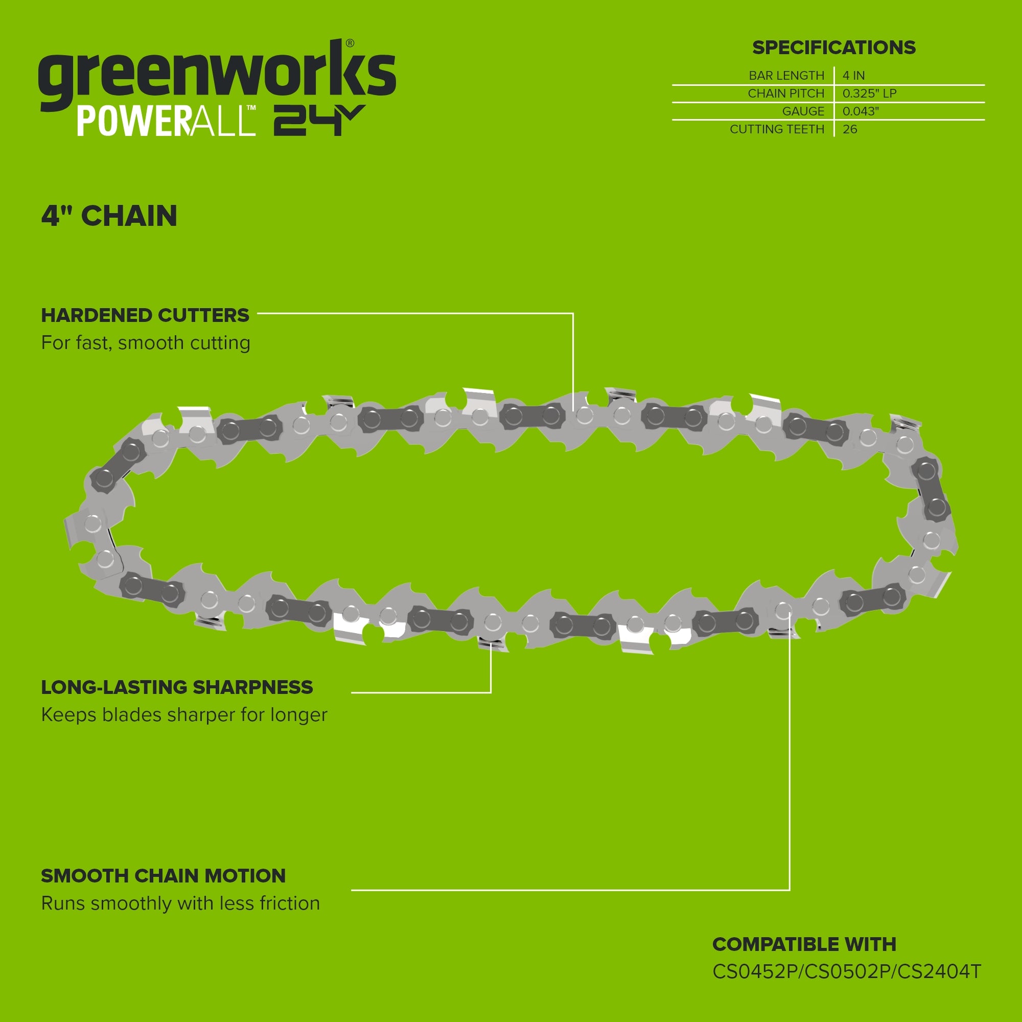 4" Chainsaw Chain, 0.3" Pitch, .043" Chain Gauge and 26 DL