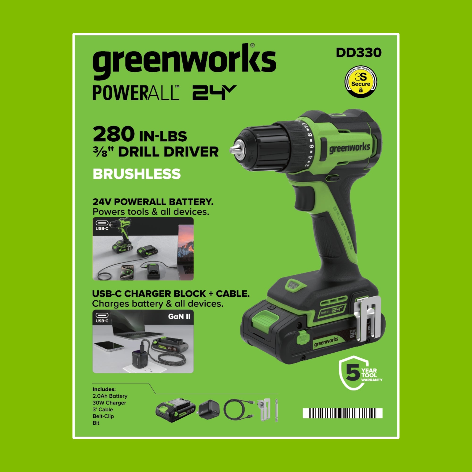 24V Cordless Battery 3 Series  1/2" 300 in/lbs Drill Driver: 2.0 Ah USB-C Battery and 30W USB-C Fast Charger