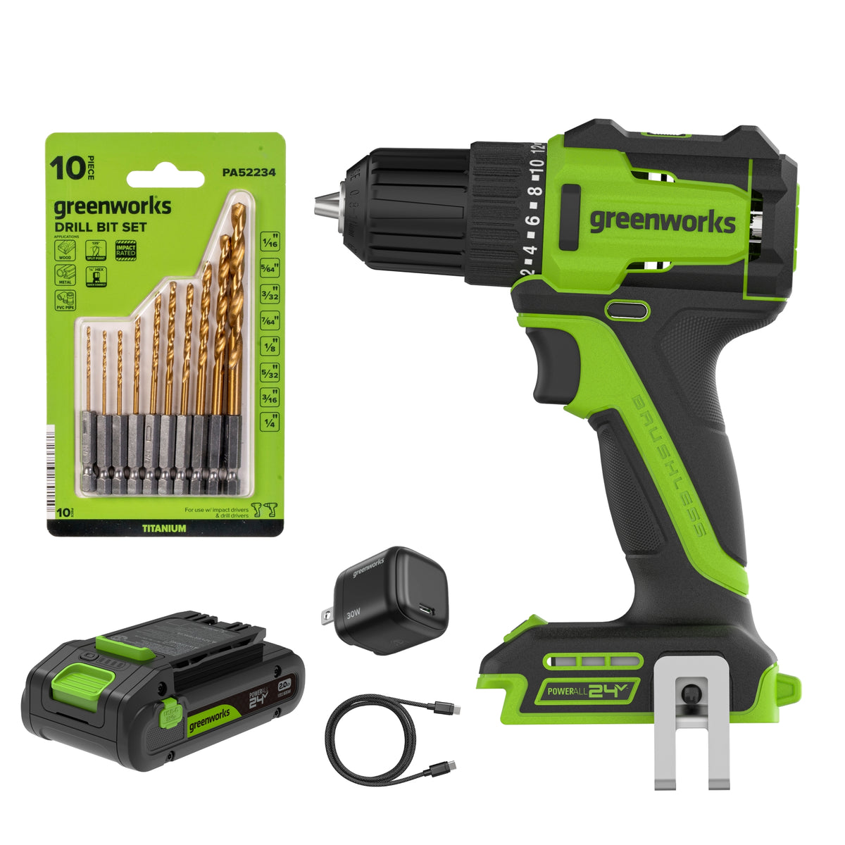 24V PowerAll 3/8" 280 in-lb Drill, with 2.0 Ah USB-C Battery, 30W USB-C Charger Block, 3' 100W USB-C Cable, 10-PC Drill Bit Set