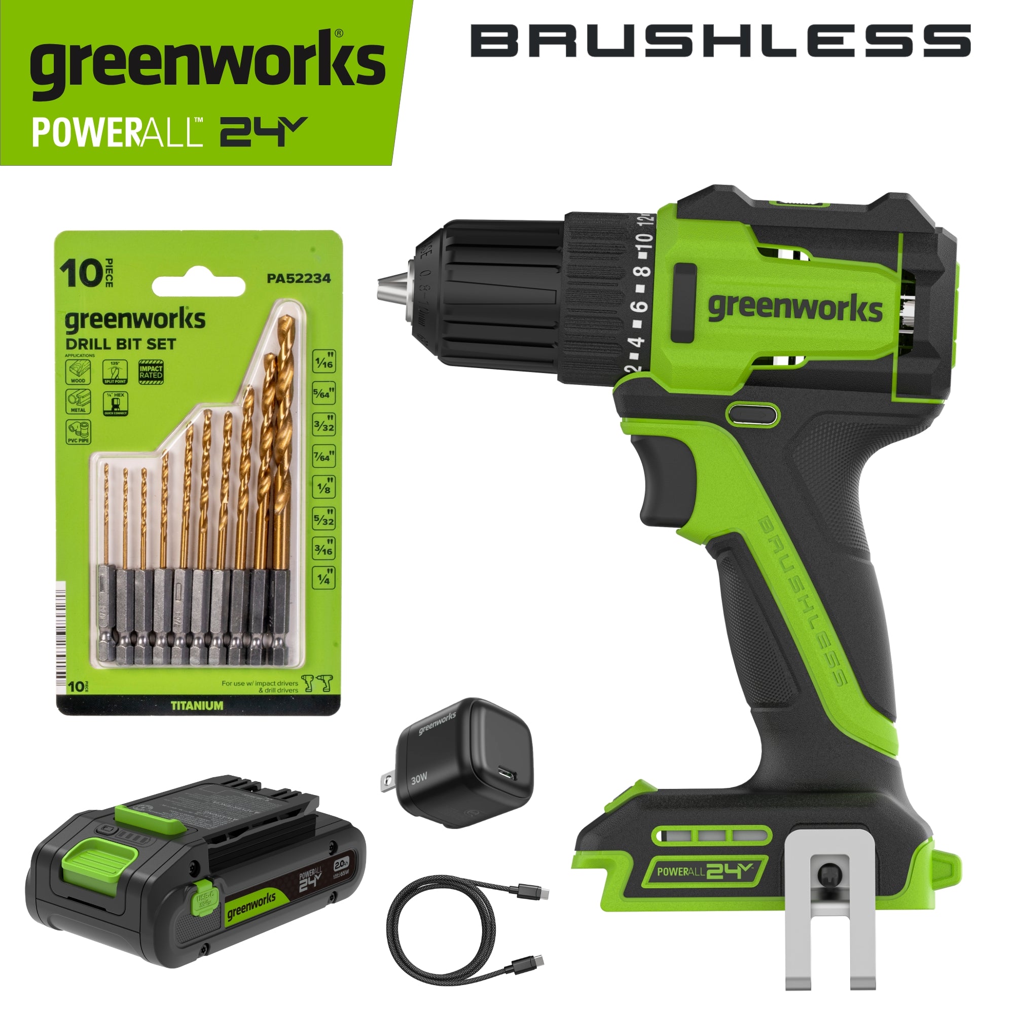 24V PowerAll 3/8" 280 in-lb Drill, with 2.0 Ah USB-C Battery, 30W USB-C Charger Block, 3' 100W USB-C Cable, 10-PC Drill Bit Set
