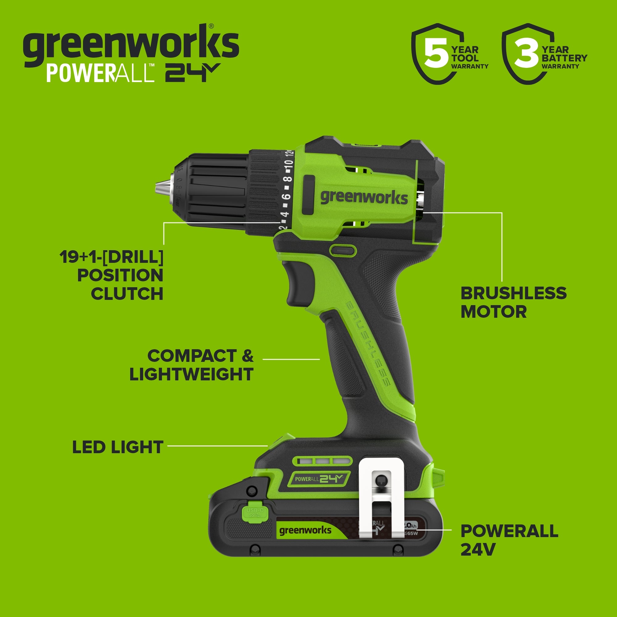 24V PowerAll 3/8" 280 in-lb Drill, with 2.0 Ah USB-C Battery, 30W USB-C Charger Block, 3' 100W USB-C Cable, 10-PC Drill Bit Set