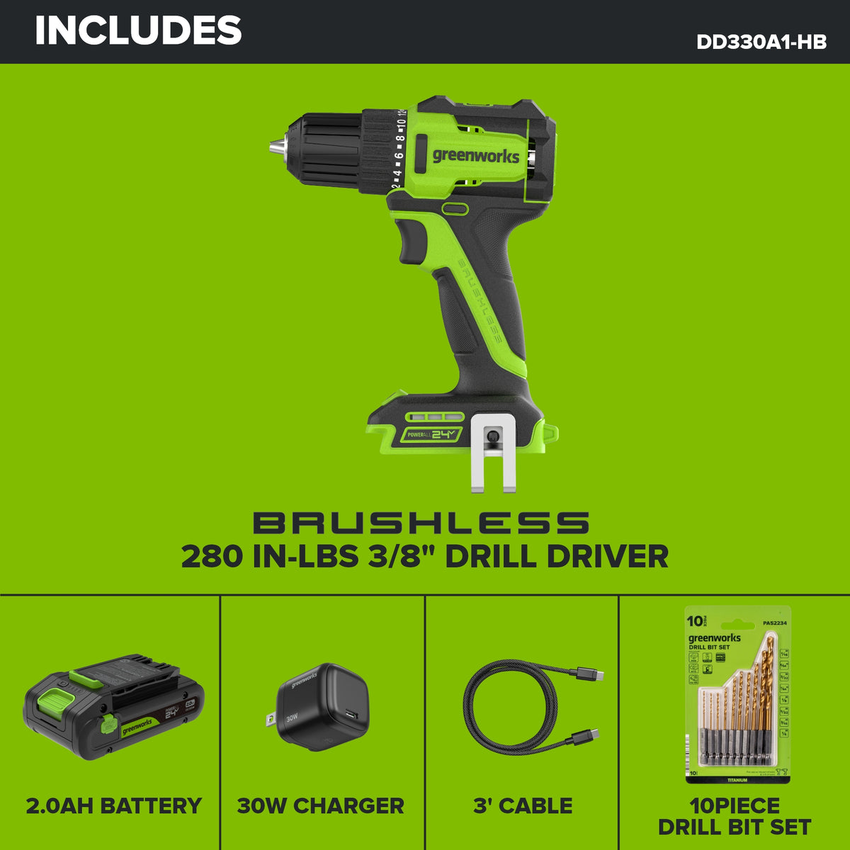 24V PowerAll 3/8" 280 in-lb Drill, with 2.0 Ah USB-C Battery, 30W USB-C Charger Block, 3' 100W USB-C Cable, 10-PC Drill Bit Set