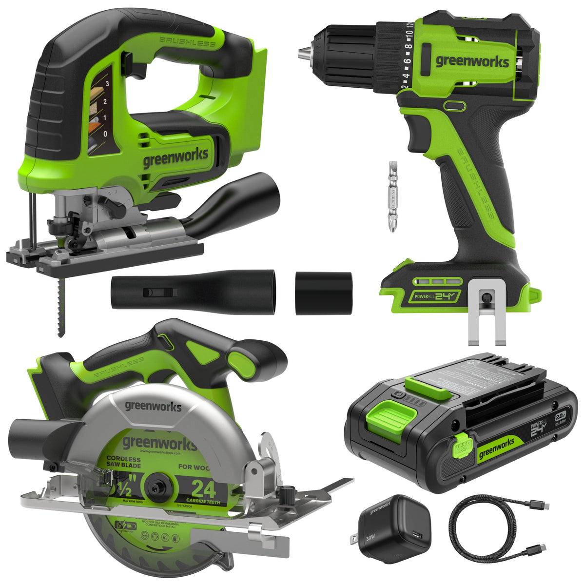 24V PowerAll 3-Tool Combo Kit w/ 3/8" Drill/Driver, 6-1/2" Circular Saw & 3000SPM Jig Saw: (1) 2.0Ah USB-C Battery & Charger, (1) 3' 100W USB-C Cable