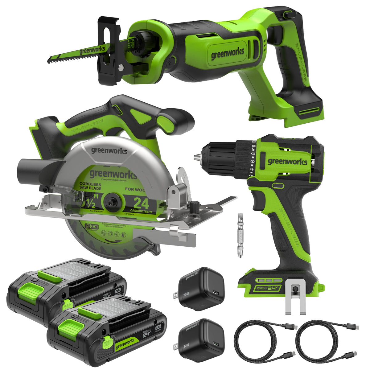 24V Cordless 280 in-lbs Drill/Driver Power Tool 3PC Combo Kit w/ 6-1/2" Circular Saw & 1-1/4" Reciprocating Saw : (2) 2.0Ah USB-C Battery, (2) 30W USB-C Charger, (2) 3' 100W USB-C Cable