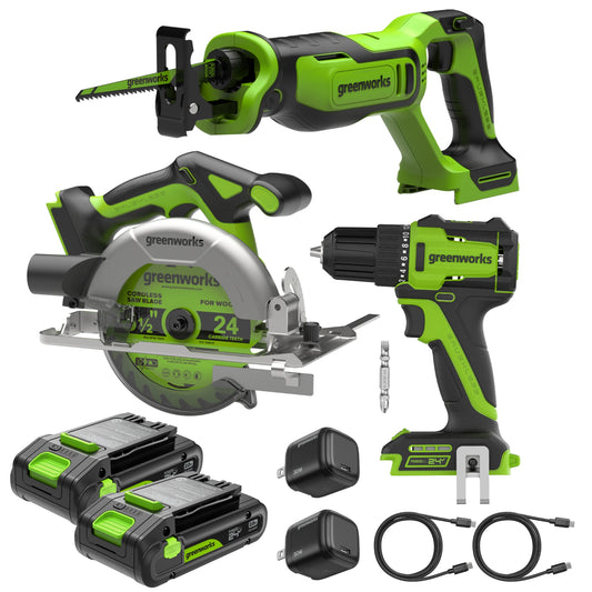 24V Cordless 280 in-lbs Drill/Driver Power Tool 3PC Combo Kit w/ 6-1/2