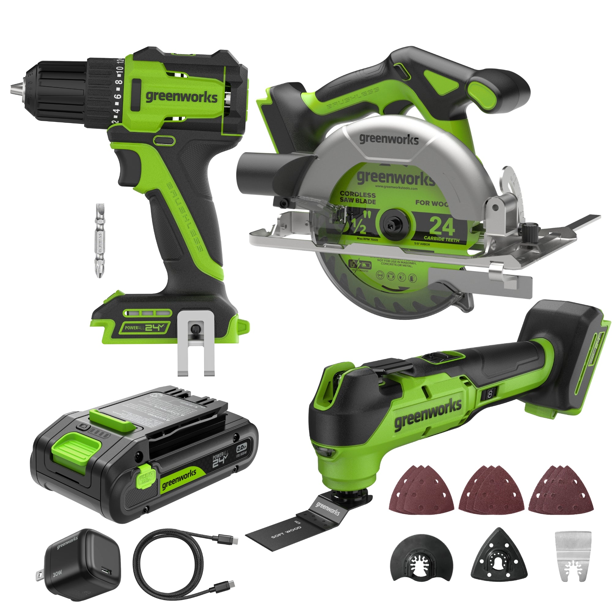 24V PowerAll 3-Tool Combo Kit w/ 3/8" Drill, 6-1/2" Circular Saw & Oscillating Multi-Tool: (1) 2.0Ah USB-C Battery, (1) 30W USB-C Charger, (1) 3' 100W USB-C Cable