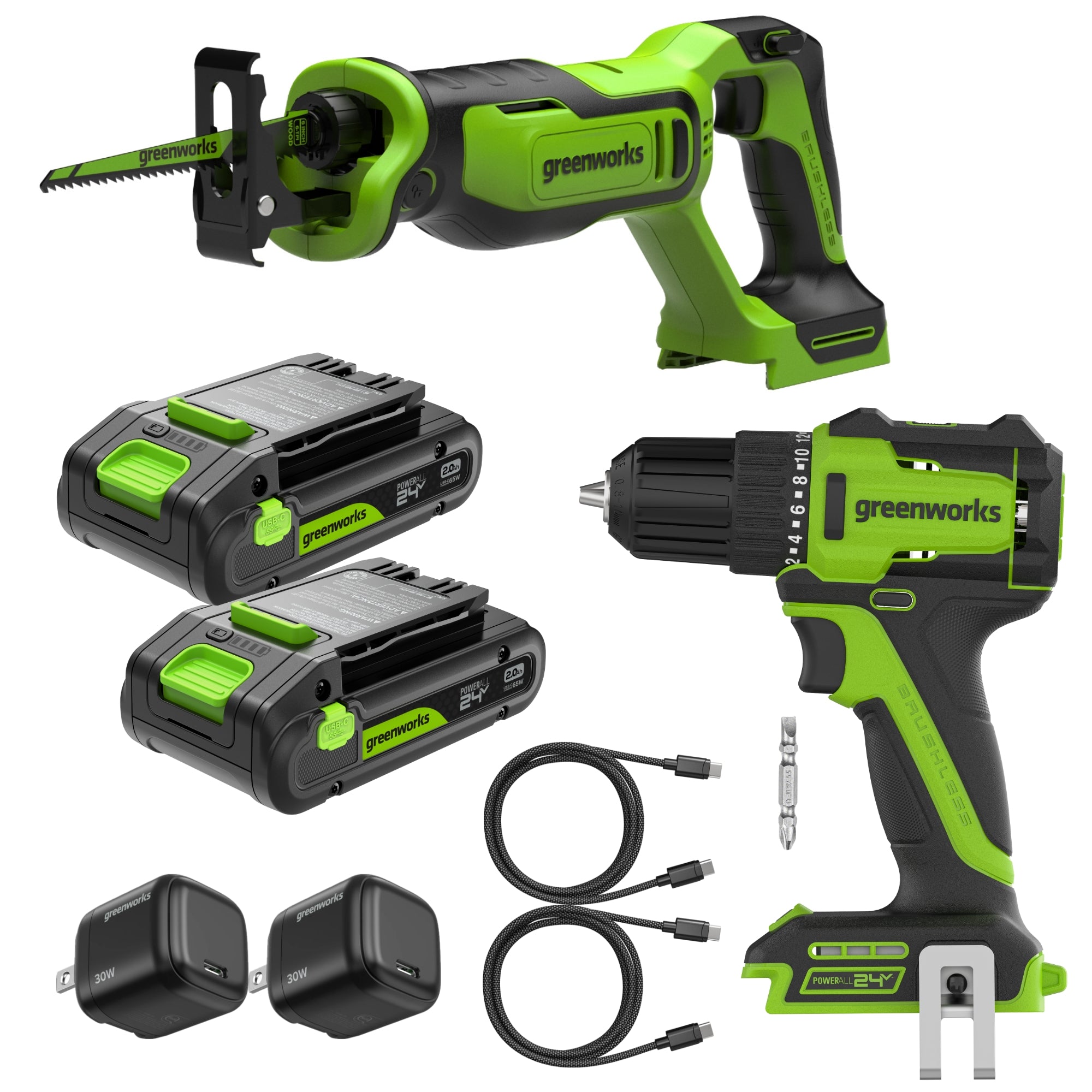 24V PowerAll 3/8" Drill Driver (280 in-lbs) & 1" Reciprocating Saw Combo Kit:  (2) 2.0Ah USB-C Batteries, (2) 30W USB-C Chargers, (2) 3' 100W USB-C Cables