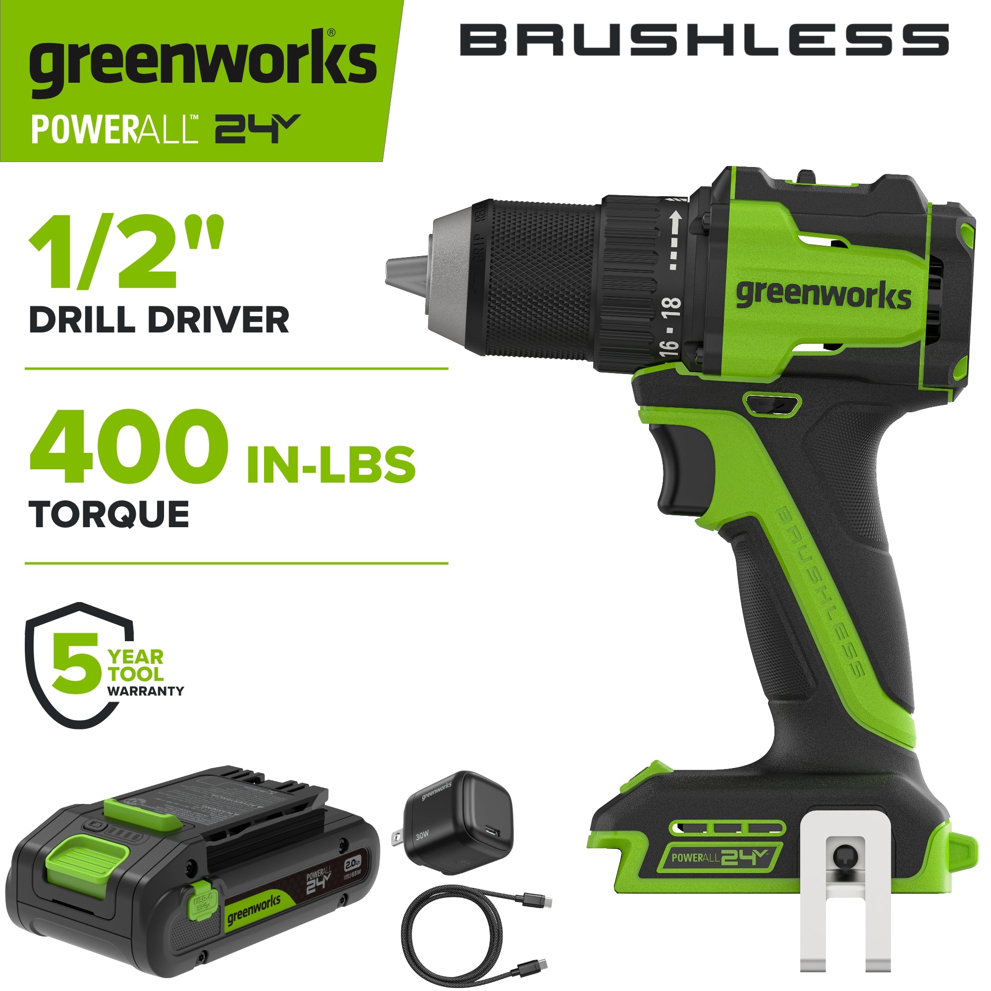 24V PowerAll 400 in-lb Drill Driver with (1) 2.0 Ah USB-C Battery, 30W USB-C Charger Block, 3' 100W USB-C Cable, Belt Clip, and Bit