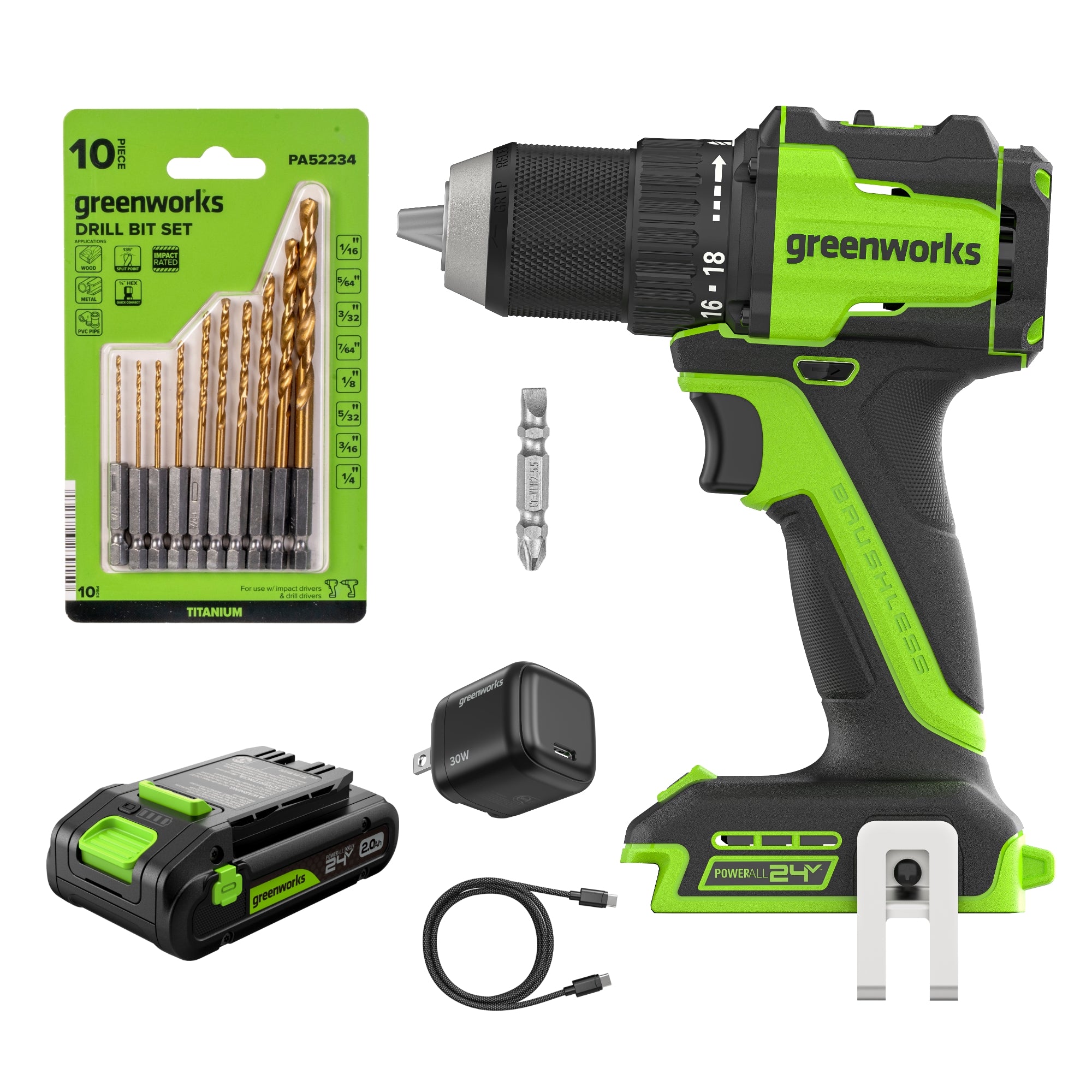 24V PowerAll 400 in-lb Drill Driver with 2.0Ah USB-C Battery, 30W Charger, 100W Cable, 10-PC Drill Bit Set