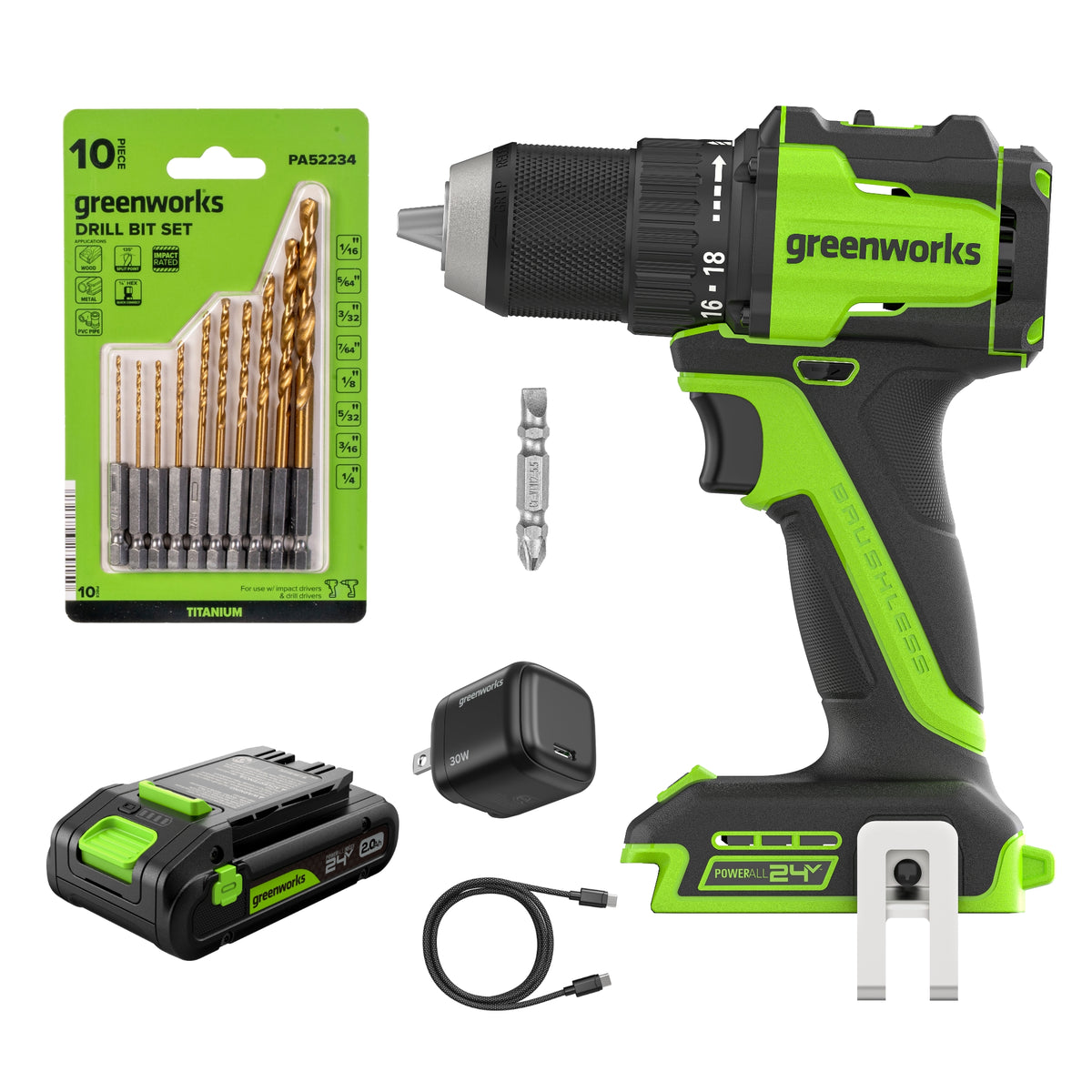24V PowerAll 400 in-lb Drill Driver with 2.0Ah USB-C Battery, 30W Charger, 100W Cable, 10-PC Drill Bit Set