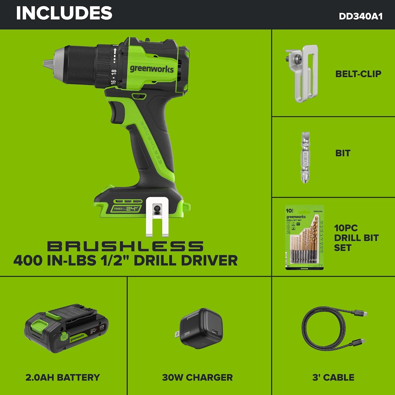 24V PowerAll 400 in-lb Drill Driver with 2.0Ah USB-C Battery, 30W Charger, 100W Cable, 10-PC Drill Bit Set