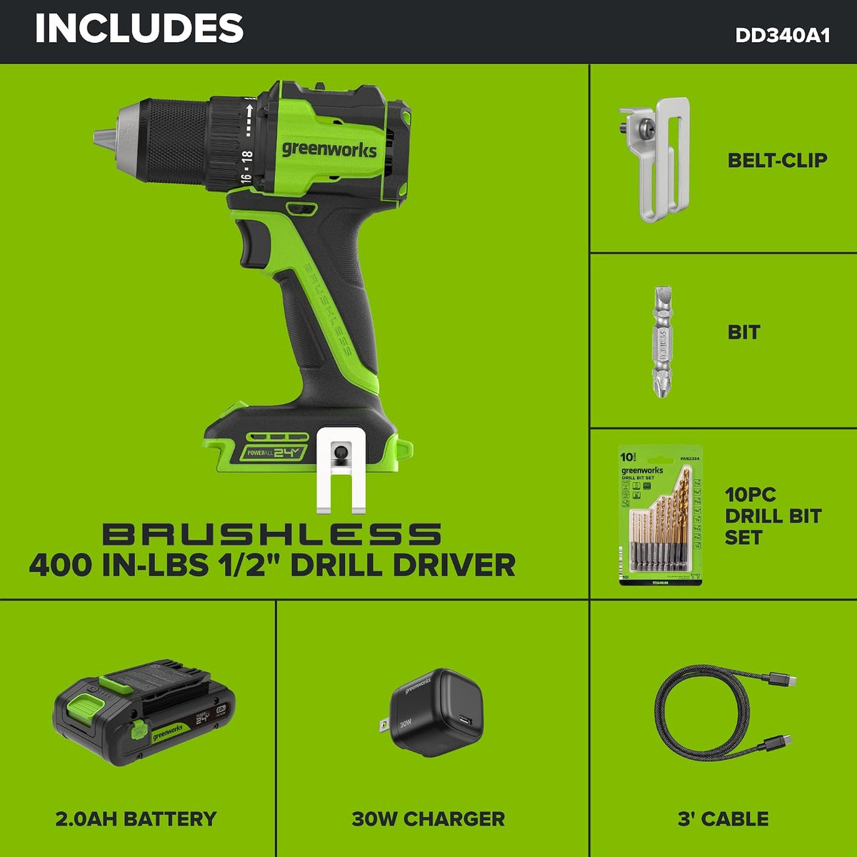 24V PowerAll 400 in-lb Drill Driver with 2.0Ah USB-C Battery, 30W Charger, 100W Cable, 10-PC Drill Bit Set