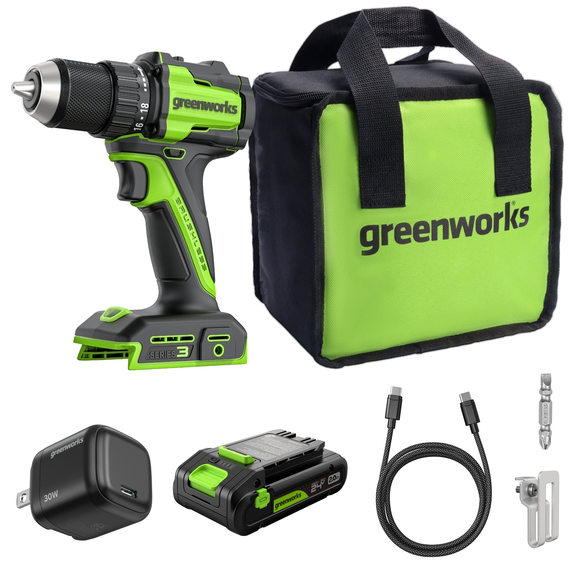 24V Cordless Battery 1/2" 400 in/lbs Drill Driver w/ 2.0Ah USB-C Battery & 30W USB-C Fast Charger