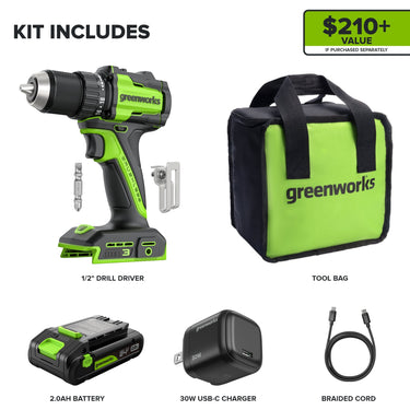 24V Cordless Battery 1/2" 400 in/lbs Drill Driver w/ 2.0Ah USB-C Battery & 30W USB-C Fast Charger
