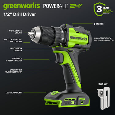 24V Cordless Battery 1/2" 400 in/lbs Drill Driver w/ 2.0Ah USB-C Battery & 30W USB-C Fast Charger