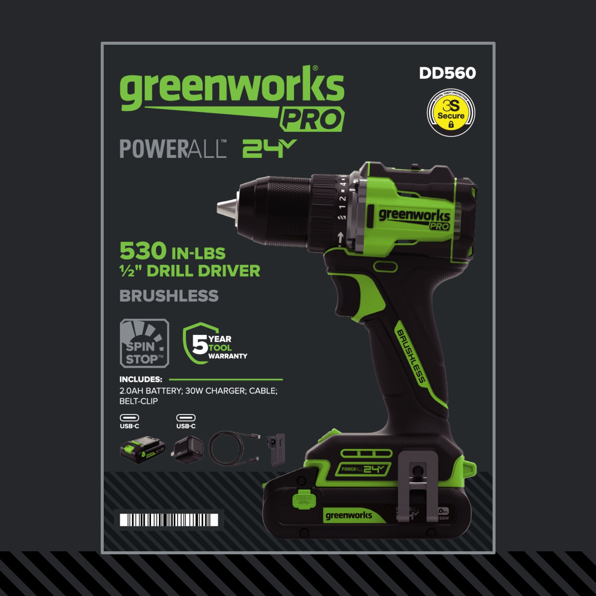 24V Cordless Battery 5 Series  1/2" 530 in/lbs Drill Driver: 2.0 Ah USB-C Battery and 30W USB-C Fast Charger
