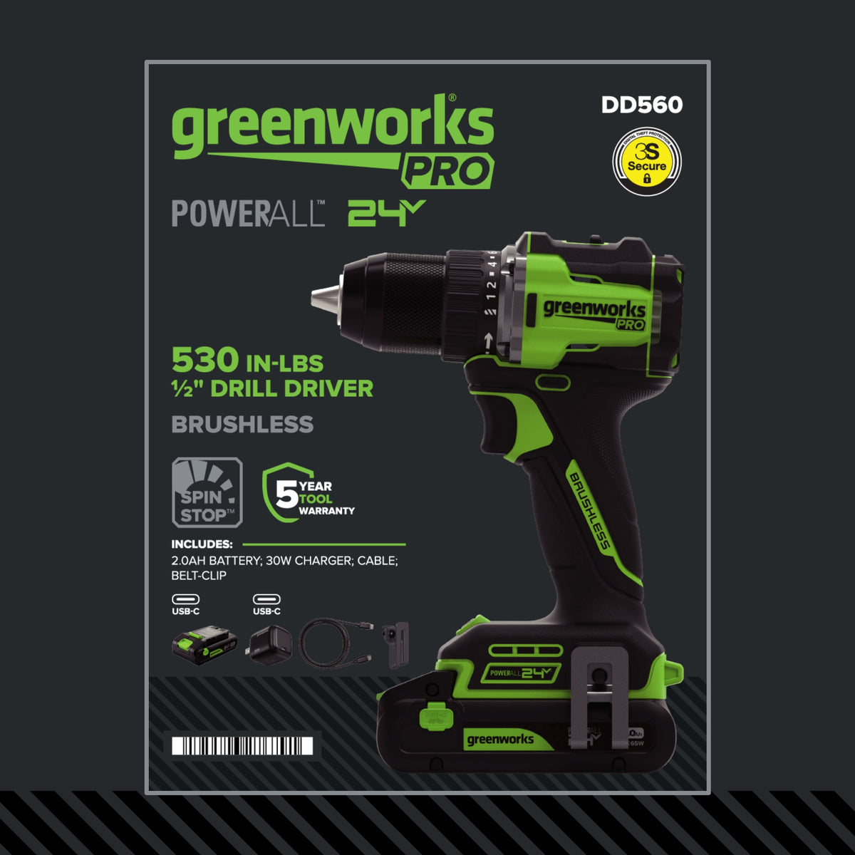 24V Cordless Battery 5 Series  1/2" 530 in/lbs Drill Driver: 2.0 Ah USB-C Battery and 30W USB-C Fast Charger
