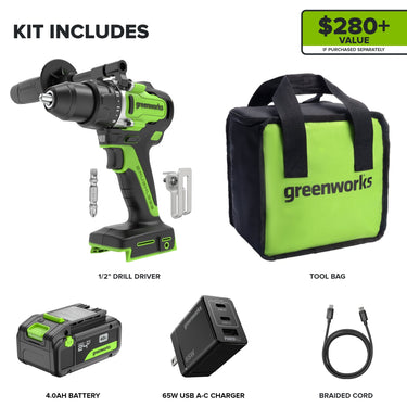 24V Cordless Battery 1/2" 800 in/lbs Drill Driver w/ 4.0Ah USB-C Battery & 65W USB-C Fast Charger