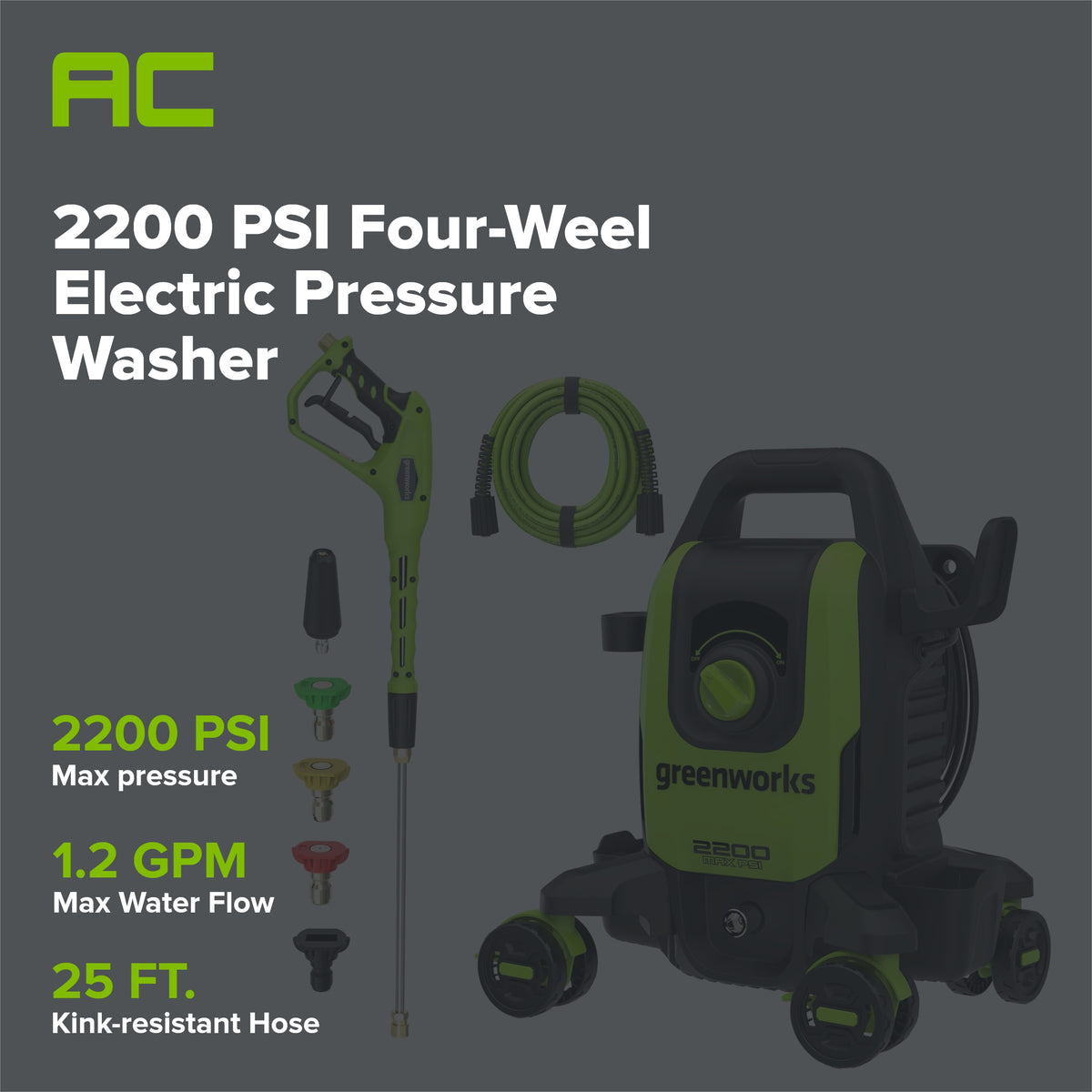 2200-PSI 1.2 GPM Four-Weel Electric Pressure Washer with 5 Nozzles & Detergent Tank