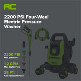 2200-PSI 1.2 GPM Four-Weel Electric Pressure Washer with 5 Nozzles & Detergent Tank