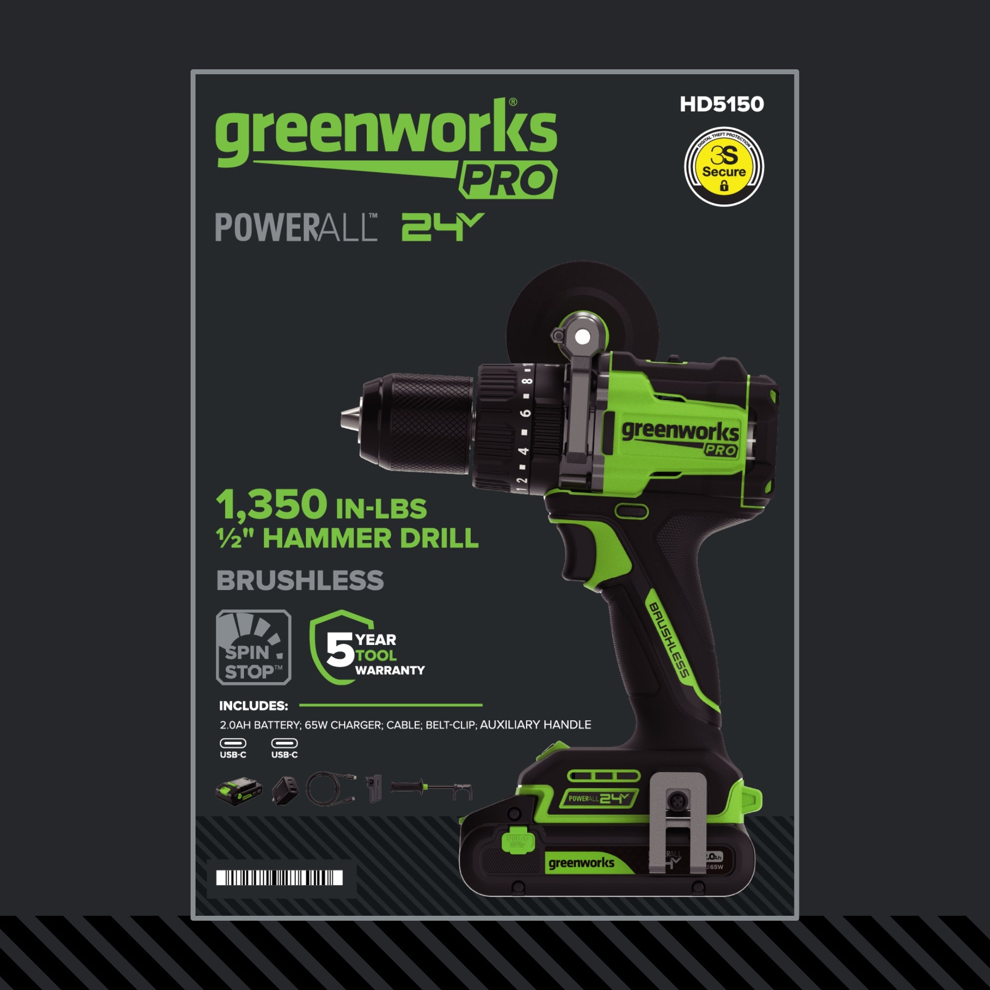 24V PowerAll Pro 1,350 in-lb 1/2" Hammer Drill, with 2.0 Ah Battery, 65W Charger, Belt Clip, and Auxiliary Handle