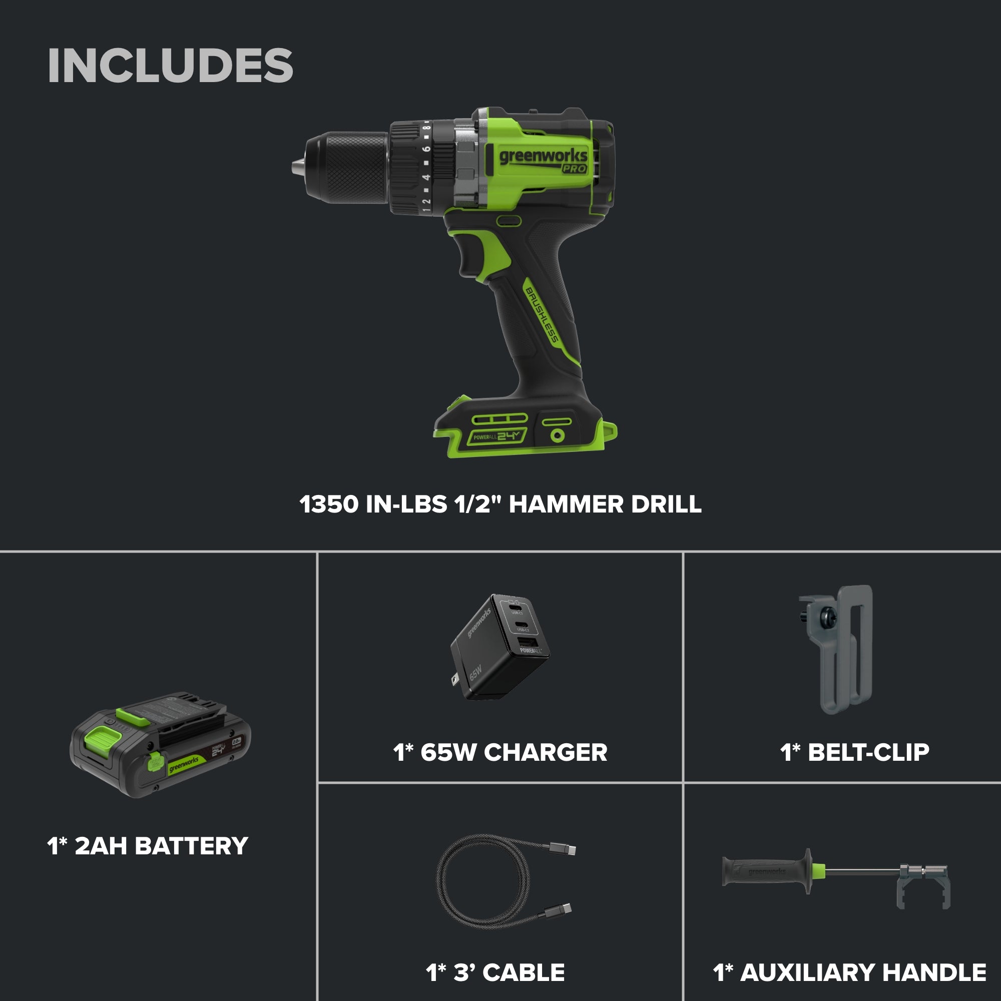 24V PowerAll Pro 1,350 in-lb 1/2" Hammer Drill, with 2.0 Ah Battery, 65W Charger, Belt Clip, and Auxiliary Handle