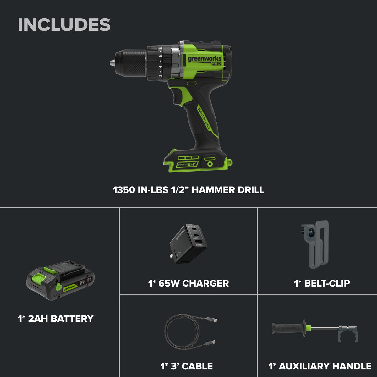 24V PowerAll Pro 1,350 in-lb 1/2" Hammer Drill, with 2.0 Ah Battery, 65W Charger, Belt Clip, and Auxiliary Handle