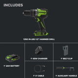 24V PowerAll Pro 1,350 in-lb 1/2" Hammer Drill, with 2.0 Ah Battery, 65W Charger, Belt Clip, and Auxiliary Handle