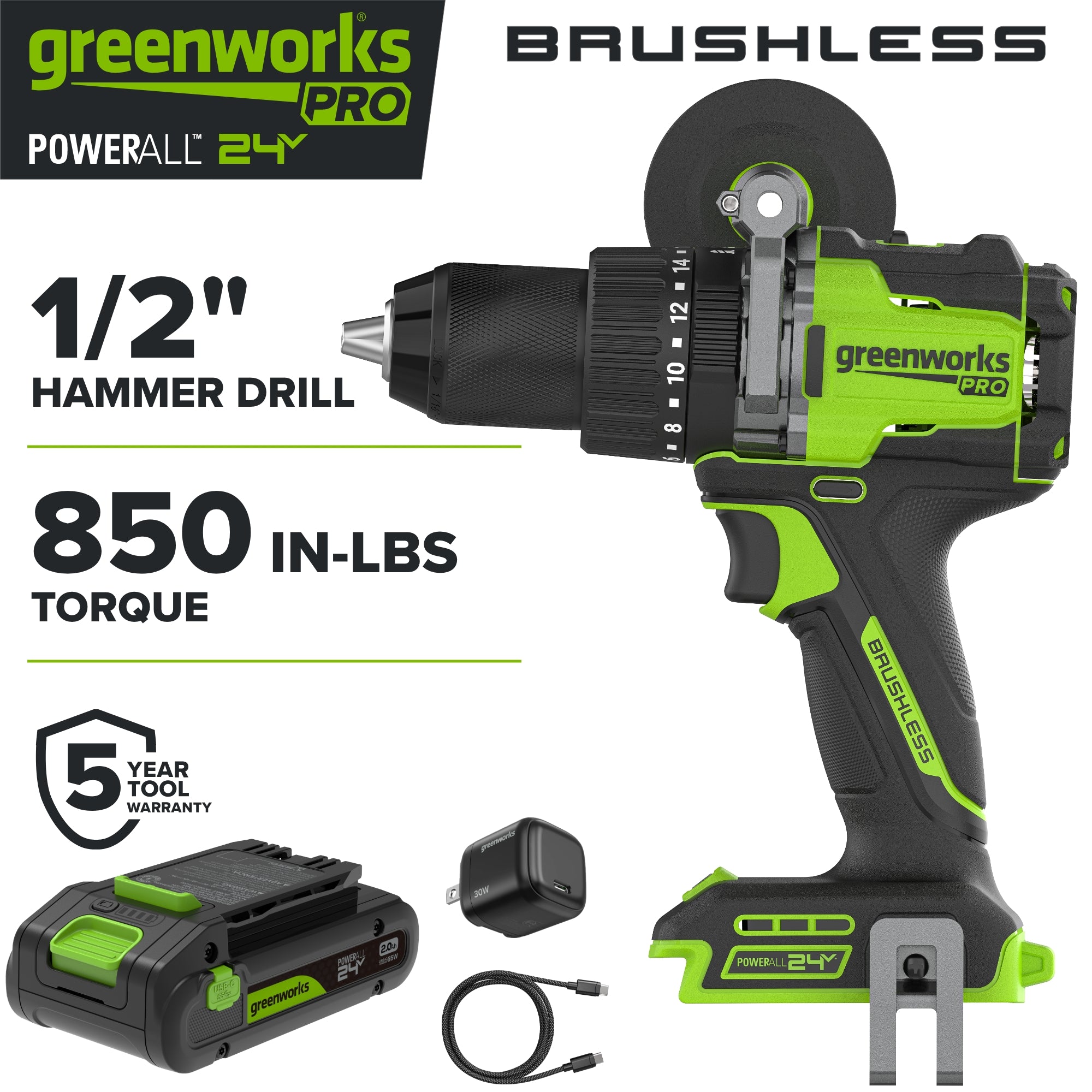 24V PowerAll Pro 850 in-lb 1/2" Hammer Drill, with 2.0 Ah USB-C Battery, 30W Charger, Belt Clip, and Auxiliary Handle