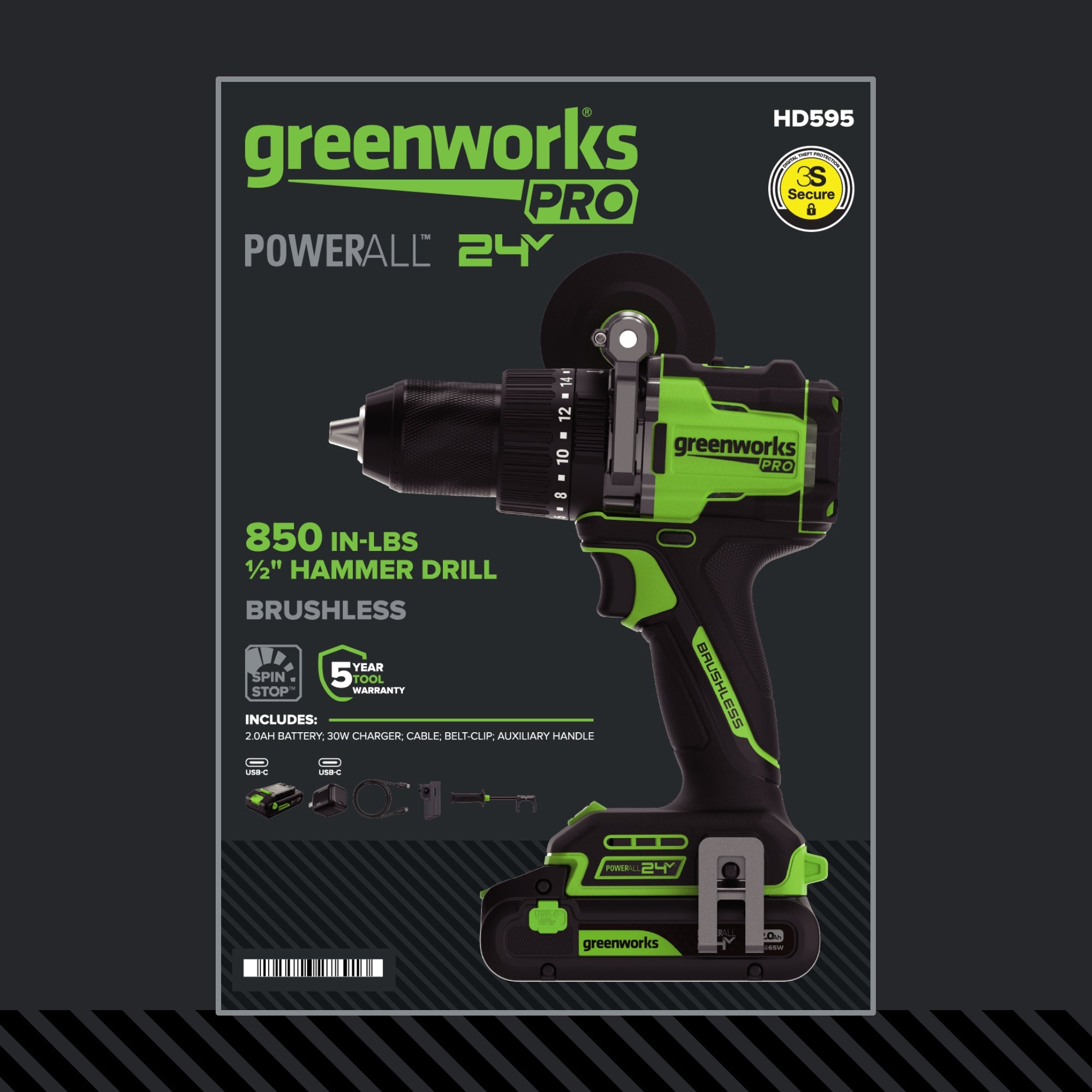 24V PowerAll Pro 850 in-lb 1/2" Hammer Drill, with 2.0 Ah Battery, 30W Charger, Belt Clip, and Auxiliary Handle